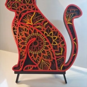 Chat mandala en bois gravé 6 couches couleur beige — décoration murale animalière belge
