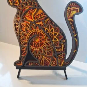 Chat mandala en bois gravé 6 couches modèle ola — décoration murale artisanale colorée